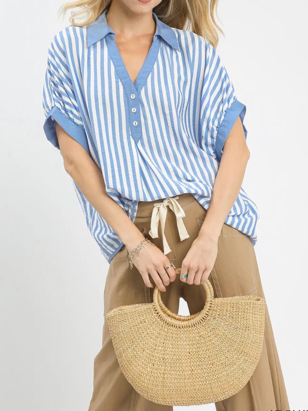 NEW Umgee Dockside Chic Stripe Top Sky Blue White Oversized Coastal NWT